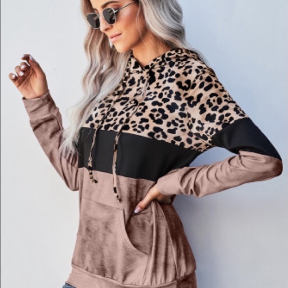 Women’s leopard color block hoodies Mocha